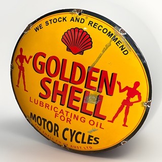 12” GOLDEN SHELL Oil For Motorcycles Porcelain Enamel Metal Pump Plate Sign