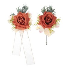 Dark Orange Wrist Corsage and Boutonnieres Set, Artificial Flowers for Wedding