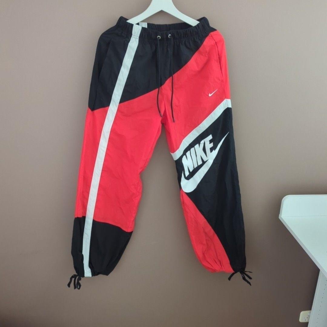 Nike Track Pants Mens XS Red Black Woven Colourblock Big Logo Joggers Drawcord