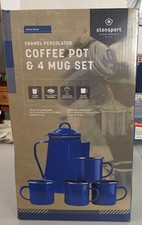 NIB Blue Enamel Coffee Pot With 4 Mugs. Perfect For Camping Or Outdoor Use