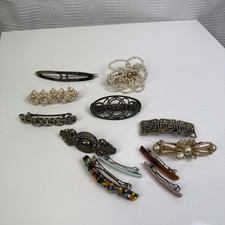 Lot Of 12 Vintage Hairclips Barettes Floral Plastic Metal Wood Pink Beads Silver