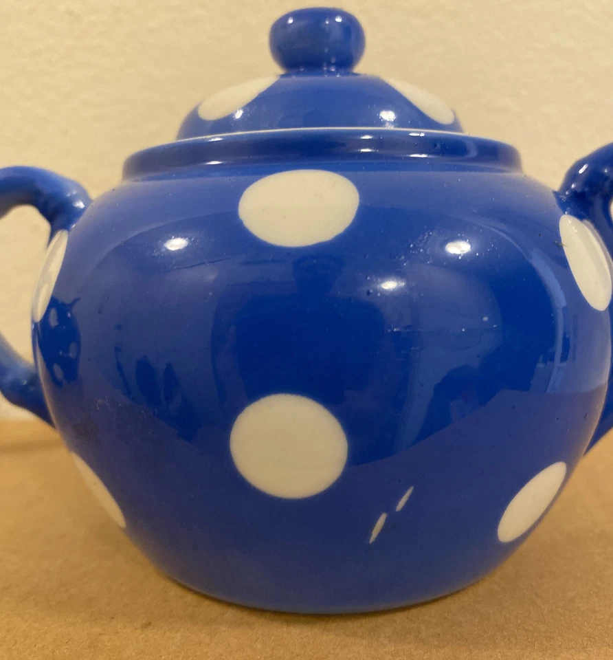 Azucarero y crema a lunares con asas de bambú puntos blancos sobre azul hecho en Japón Foto 4 de 4