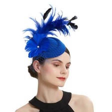 STUNNING ROYAL BLUE FELT FASCINATOR WITH LONG FEATHERS, NETTING  FLOWER