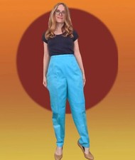 60s Pants Turquoise Blue High Waist Summer Vintage New Old Stock M L