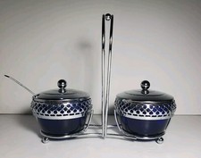 Vintage Double Condiment Caddy Cobalt Blue Glass Silver Tone-One Spoon