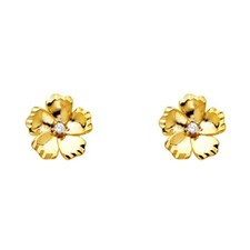 14K Yellow Gold CZ Flower Small Studs Post Push Back Earrings Womens Girls