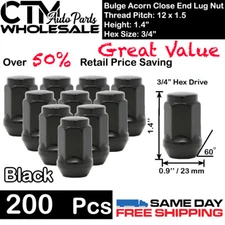 200PC 1.4" TALL BLACK 12X1.5 BULGE ACORN LUG NUTS CLOSE END WHOLESALE SAVING