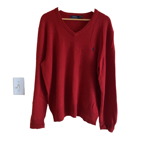 Polo Ralph Lauren Red 100% Lambs Wool V-Neck Sweater Mens XL Italian Yarn Preppy