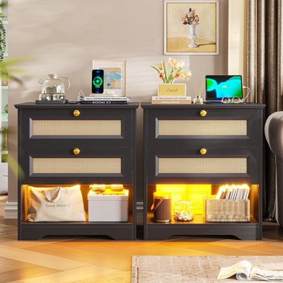 Nightstand Set of 2 LED Bedside Tables with Charging Station and 2 Drawers