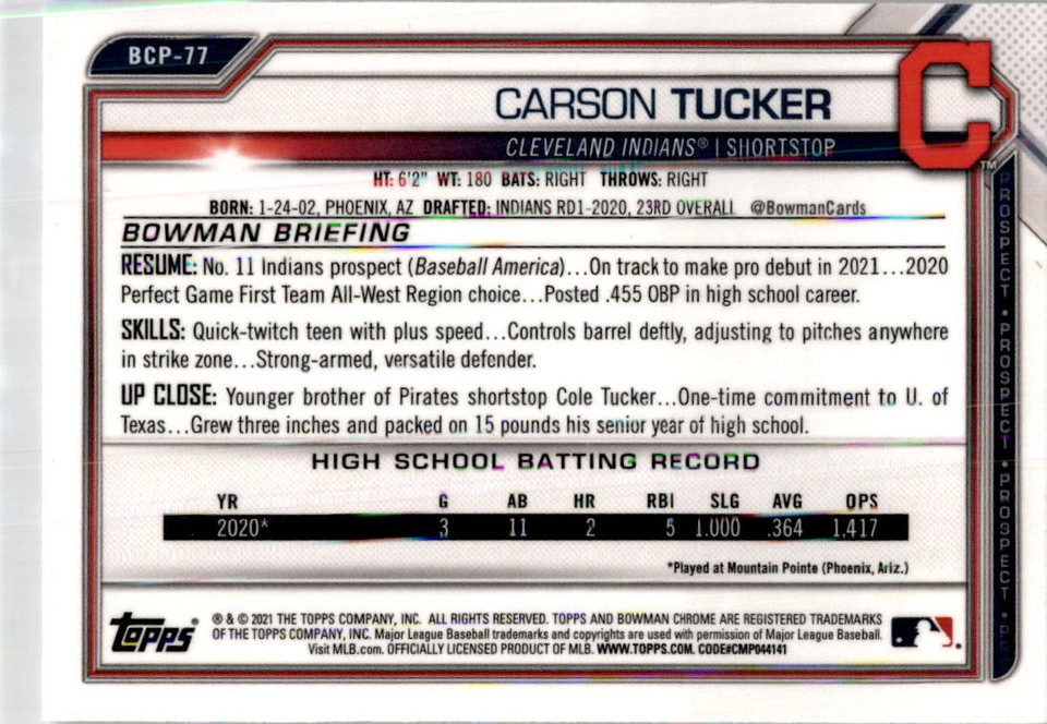 2021 Bowman Carson Tucker #BCP-77 Chrome Prospects | eBay