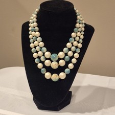 Vintage 16" 3 Strand Graduated Blue  White Lucite Bead Necklace Hong Kong 1950s