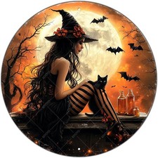 Halloween Round Witch and Black Cat Tin Metal Signs Home D cor 8x8