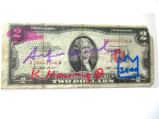 h) WARHOL/HARING/BASQUIAT:  2US$ ORIGINAL 3x HANDSIGNIERT, USPS FEB 15-1977!!