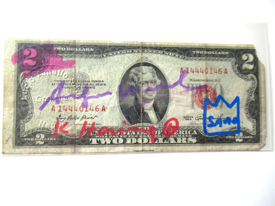 c) WARHOL/HARING/BASQUIAT:  2US$ ORIGINAL 3x HANDSIGNIERT, USPS FEB 15-1977!!