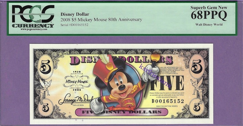 2008 D $5 MICKEY c. 1955 WALT DISNEY WORLD DISNEY DOLLAR D00165152 68PPQ