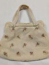 Vtg 50s Beaded handbag purse floral Corde Bead Lumured Pearl Pink Flowers Read
