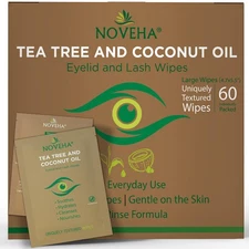 NOVEHA 60PCs Tea Tree & Coconut Oil Eyelid & Lash Wipes - For Demodex, Blepha...