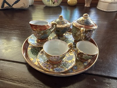  Vintage 1950s Kobe Japan Porcelain Tea Set for 2 - Floral Enamel Teapot, Cups