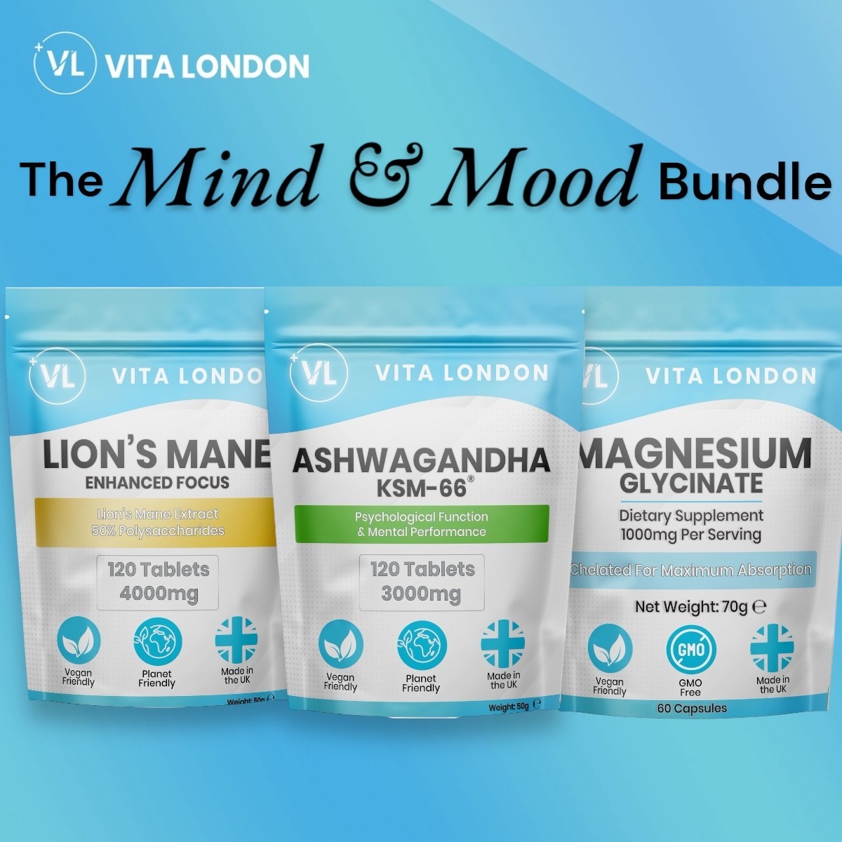Mind Mood Set  - Magnesium Glycinate Capsules + Lions Mane + Ashwagandha Tablets