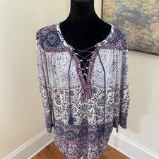 Lucky Brand Blue Paisley Tasseled Tunic Top Women 1X Boho Peasant Hippie Indie