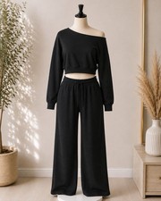 Women  s Black 2 Piece Lounge Set Off Shoulder Crop Top Wide Leg Pants