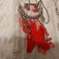 Red Feather Silver-Tone Necklace & Earrings Set Nickel-Free Lead-Free