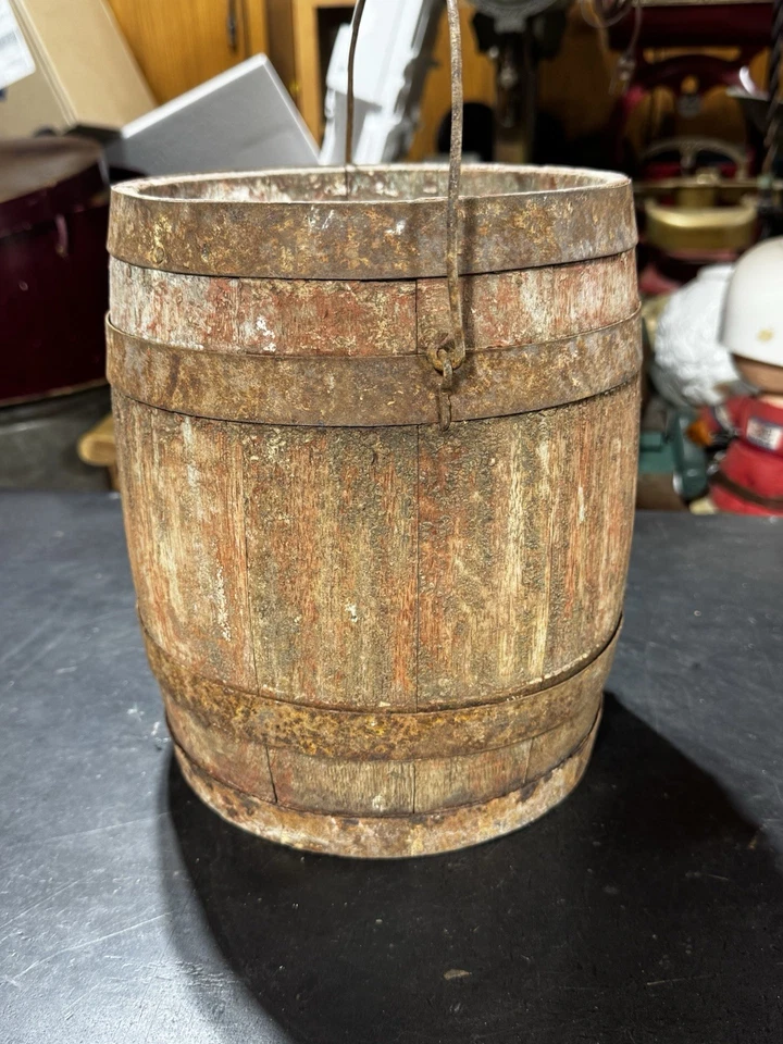 Rare Vintage Antique Lg Size 10" Wooden Wood Paint Pail Barrel Bucket - Image 3 of 4