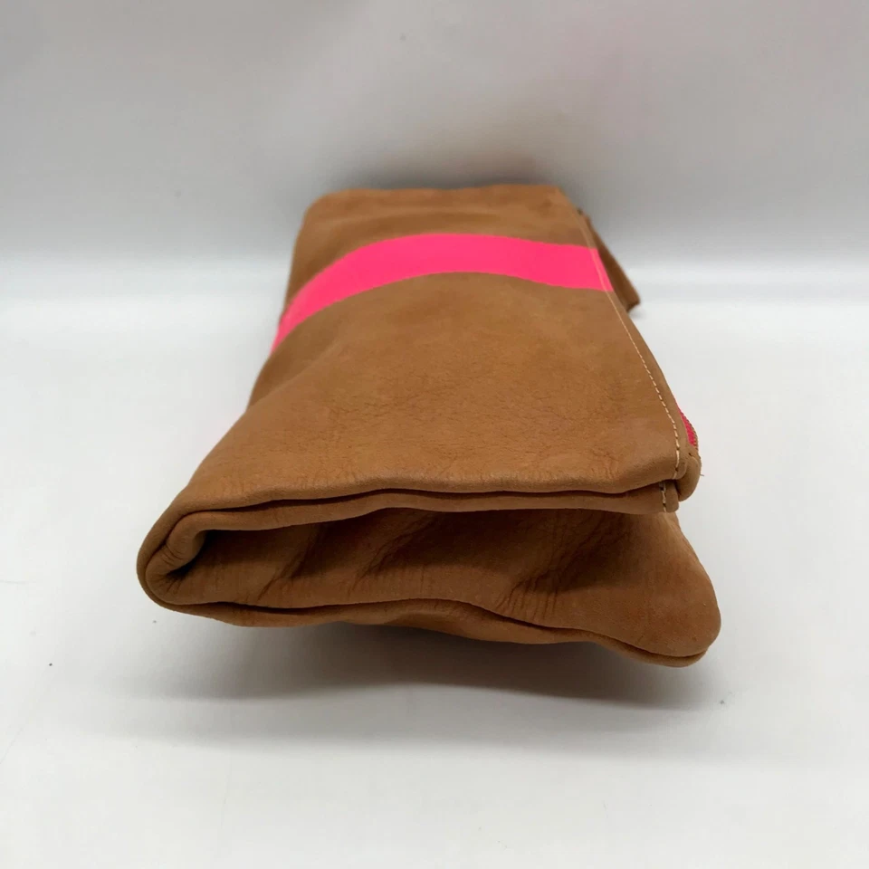 Clare V Camel Brown Leather With Pink Stripe Foldover Clutch - Image 4 of 4