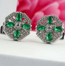 1Ct Pear Cut Lab Created Green Emerald Tuxedo Cufflink 14K White Gold Finish