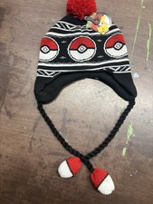Pokemon Pokeball Knit Beanie Hat w/ Ear Flaps Tassels Pom One Size Black Red