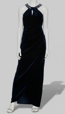 SLNY Women's Blue Embellished-Neck Pleat-Waist Velvet Gown Dress Size: 12