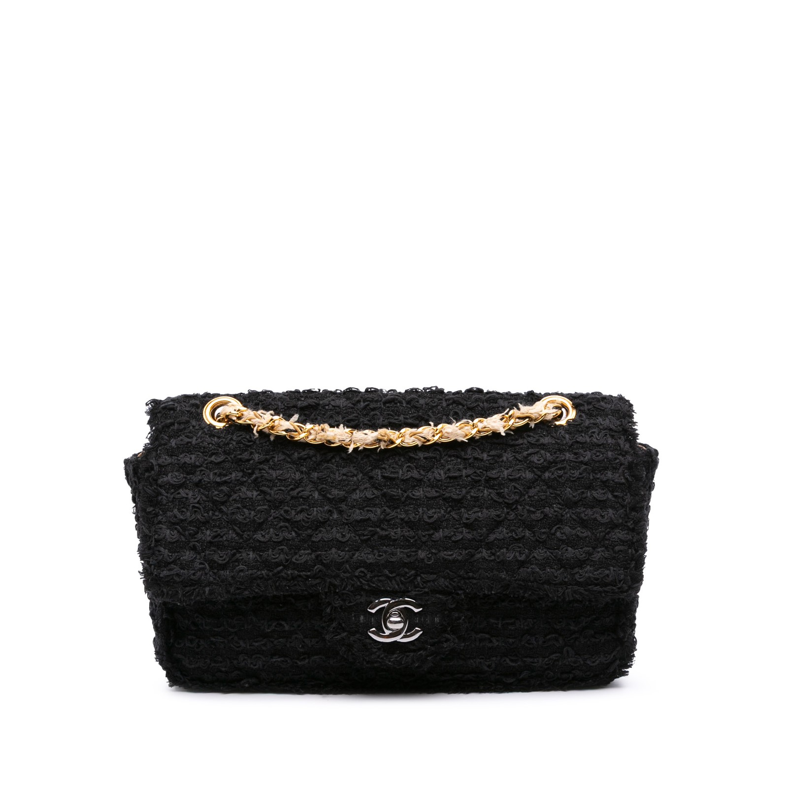 Chanel Medium Classic Single Flap Black Tweed Shoulder Bag Authenticated
