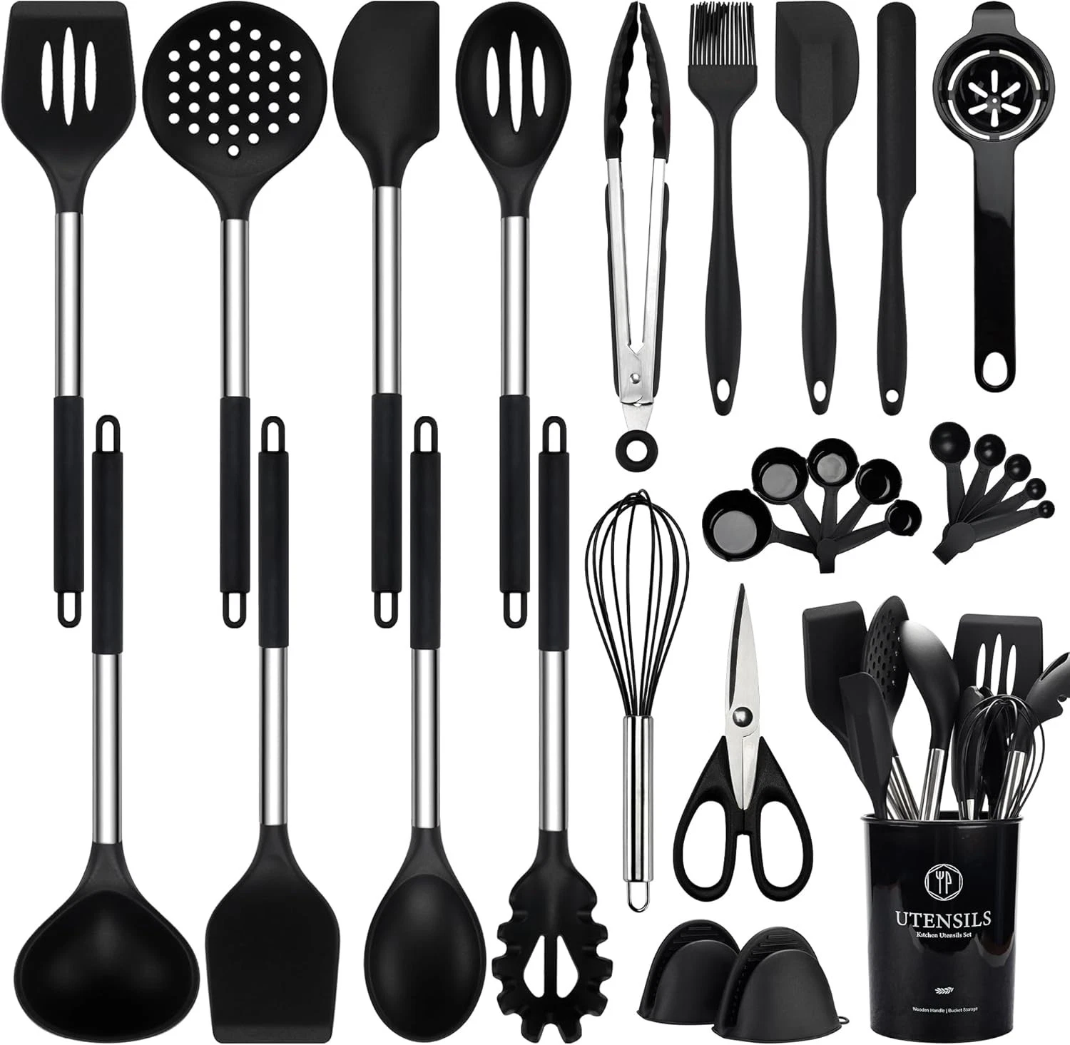 28 Pcs Silicone Cooking Utensils Set with Holder, Spatula Set, Medium, Black