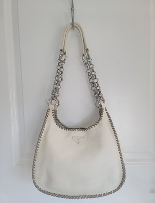 Vintage Prada Vitello Daino White Leather Chain Hobo Bag Y2K