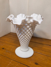 Vintage Fenton White Milk Glass Hobnail Vase Ruffled Edge Pedestal