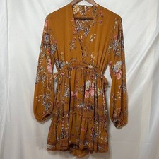 FREE PEOPLE Women's Cherry Blossom Mini Dress XS Topaz Mustard Boho Long Sleeve