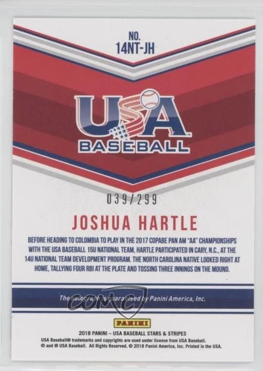 2018 Panini USA Baseball Stars & Stripes /299 Joshua Hartle #14NT-JH Auto - Image 2 of 2