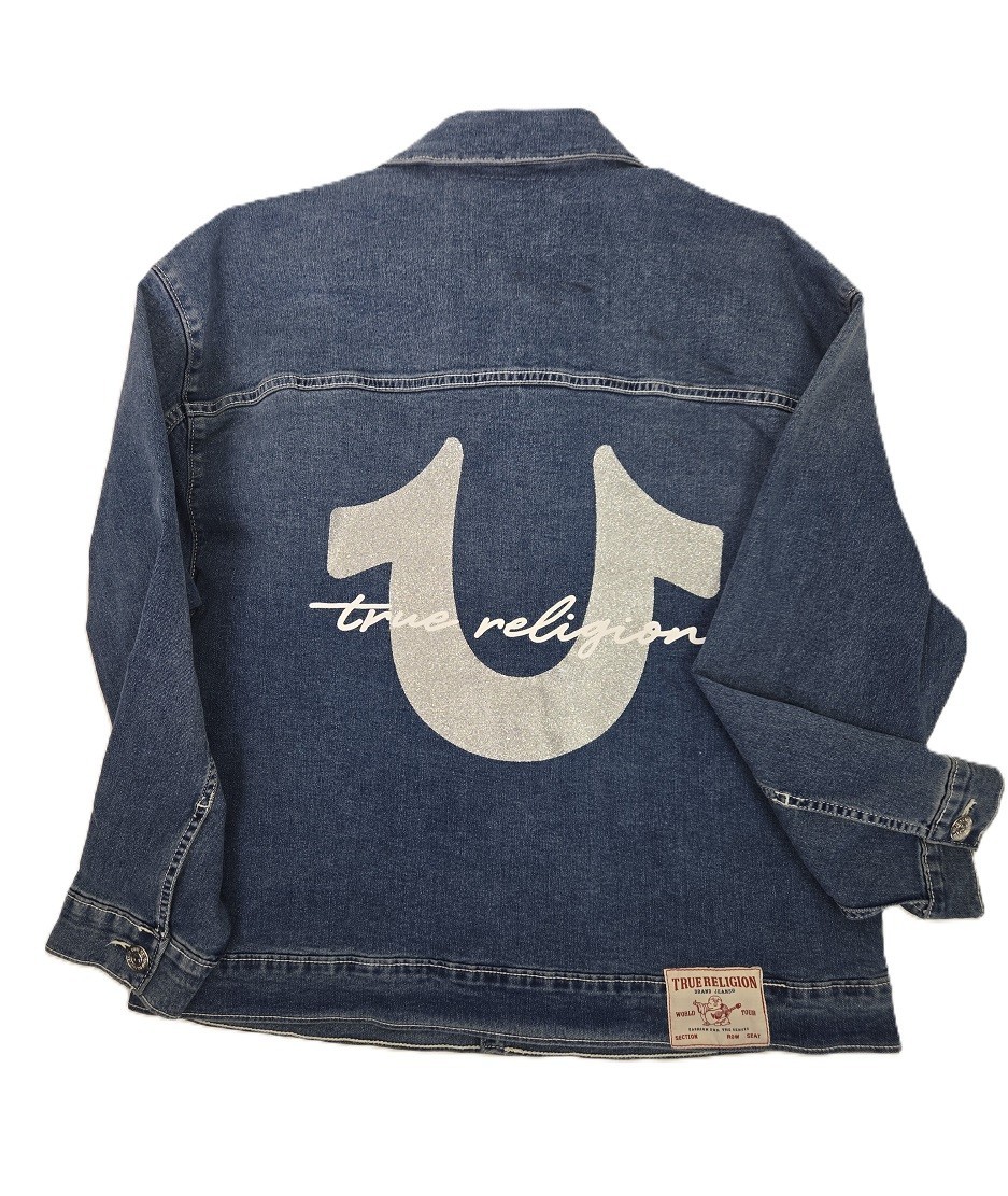 NWT True Religion Oversized Glitter Blue Trucker Denim Jacket Size M Women's thumbnail 5