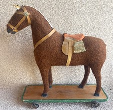 Antique GERMAN HORSE PULL TOY on WHEELS w SADDLE, c. 1800s