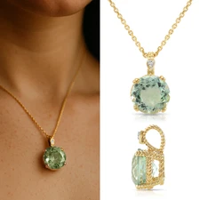 14K Solid Yellow Gold 5Ctw Natural Green Amethyst Gemstone Pendant Necklace 18in