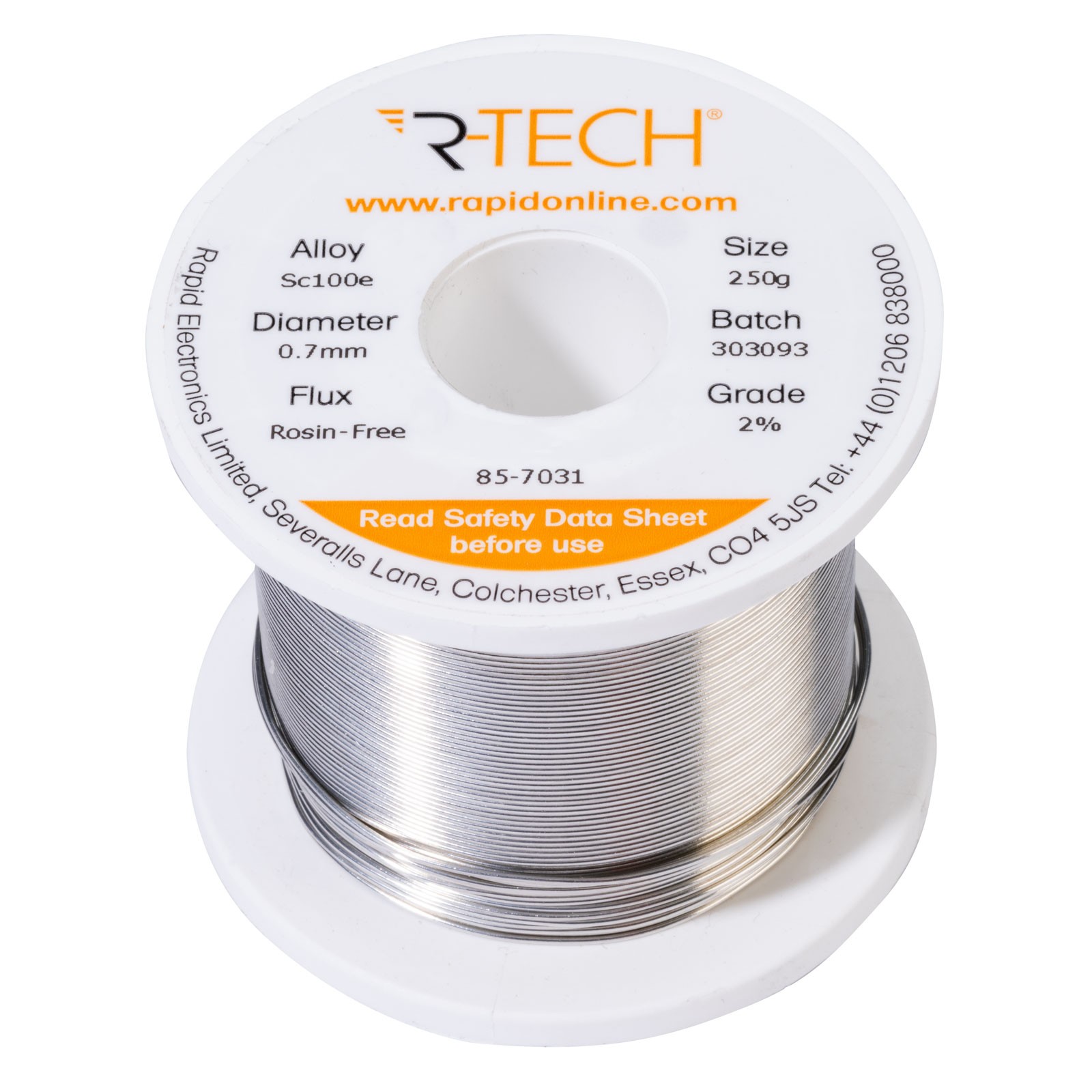 R-TECH SC100e Solder 2% Rosin-Free HF Flux Halide-Free 0.7mm 250g Reel