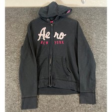 Aeropostale Hoodie Women XL Black Spellout Full Zip Fleece Sweatshirt Streetwear