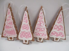 Pink Gingerbread Tree Cookie Christmas Ornament Set of 4, Handmade Foam (D)