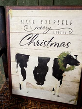 OLD MODERN VINTAGE FOLK ART VICTORIAN PRIMITIVE STYLE CHRISTMAS COW WREATH SIGN 
