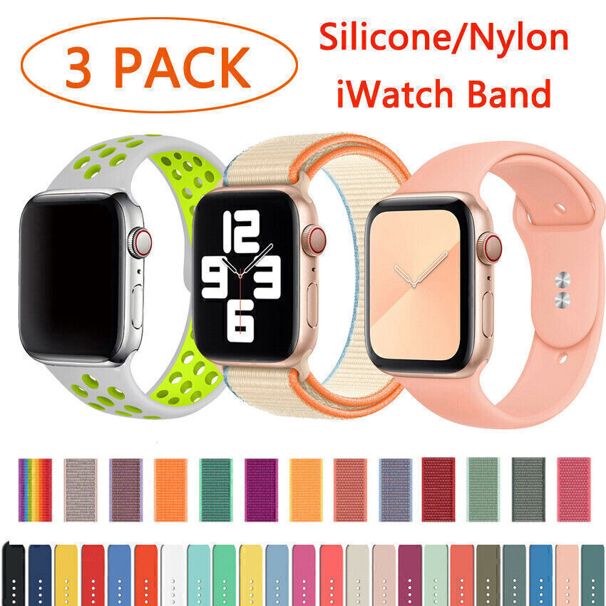 3 PACK Silicone Sport for Apple Watch 6 5 4 3 SE Nylon 38/42mm Strap Band