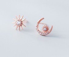 Asymmetrical 925 Sterling Silver Moon Star Sun Stud Earrings CZ Gift Box PE25
