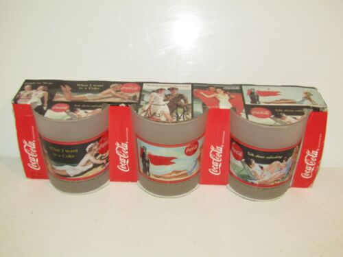 Coca-Cola Glasses Drink Frosted Pin Up Girls Luminarc from France 9 oz Set of 3 - Picture 1 of 12