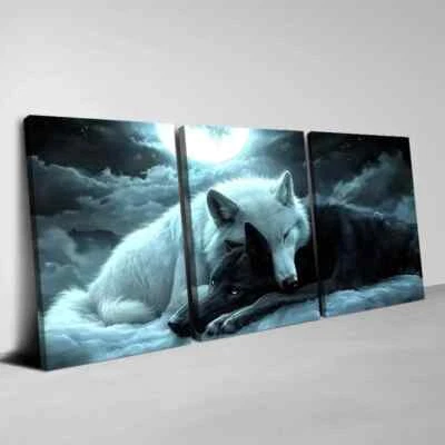 PREMIUM 3pcs Stunning Black and White Wolf Moon Design Wall Art Canvas Unframed/Framed