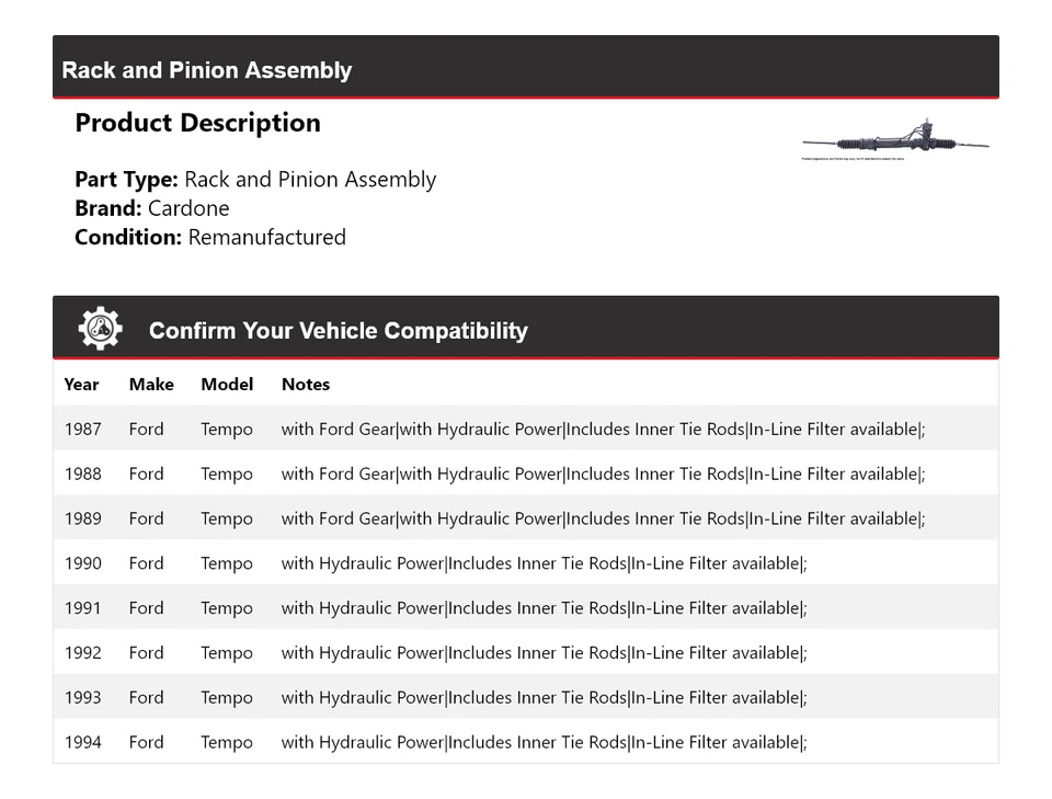 Conjunto de piñón y cremallera Ford Tempo 1987-1994 Cardone 1988 1989 1990 1991 Foto 2 de 4