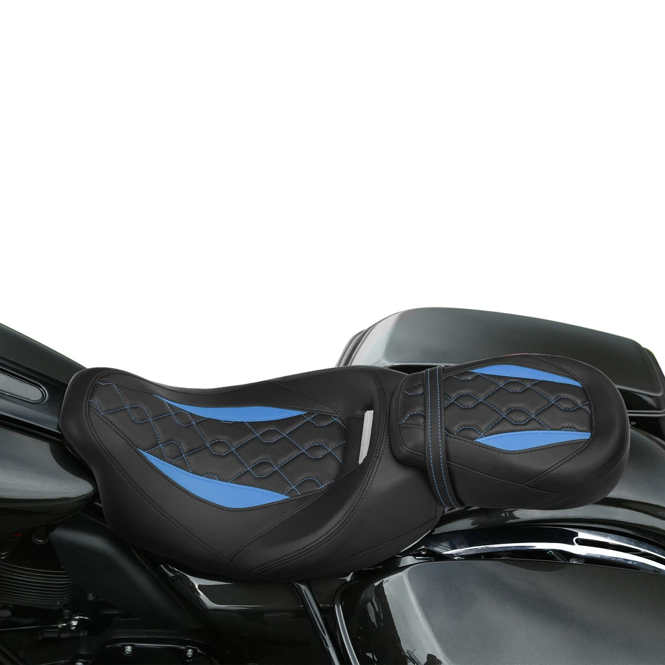 Asiento de conductor pasajero apto para Harley Touring Road Glide 2009-más tarde negro+azul Foto 4 de 4